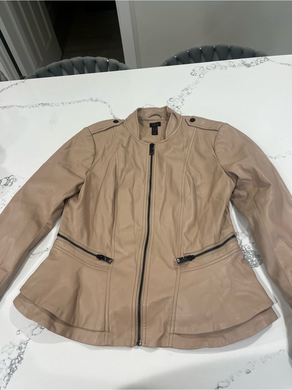 G.I.L.I. Beige Faux Leather Peplum Moto Jacket